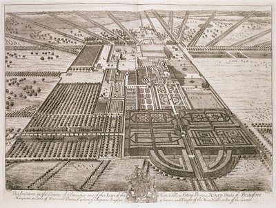 Badminton House v hrabství Gloucester, vyrytý Johannesem Kipem (c.1652-1722) (viz také 192764) od Leonard Knyff