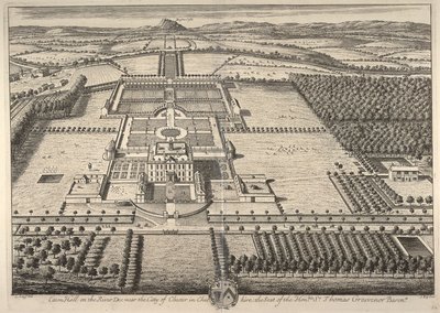 Eaton Hall na řece Dee poblíž města Chester v Cheshire, sídlo ctihodného sira Thomase Grosvenora (rytina) od Leonard Knyff