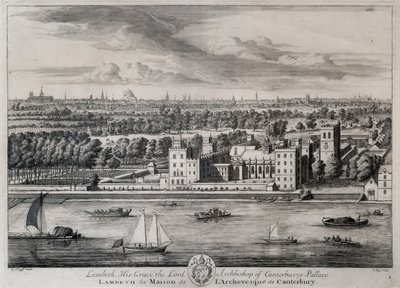 Lambeth, palác Jeho Milosti arcibiskupa z Canterbury, vyryl I. Kip od Leonard Knyff