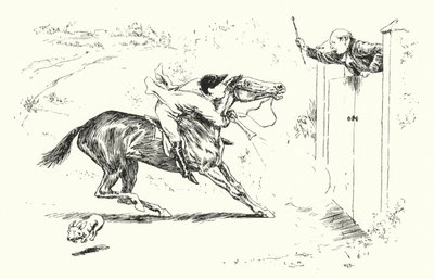 Muž šel na lov v Reigate a chtěl přeskočit vysokou bránu (rytina) od Leonard Leslie Brooke