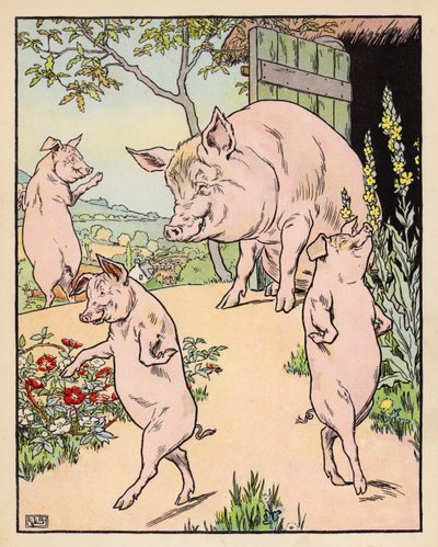 Ilustrace ke Třem prasátkům (barevná litografie) od Leonard Leslie Brooke