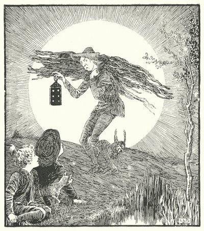 Muž na měsíci se zřítil dolů (rytina) od Leonard Leslie Brooke