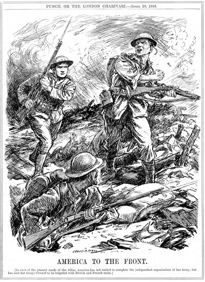 Americké posily na pomoc spojeneckým jednotkám před příchodem hlavní americké armády, 1. světová válka, 1918 od Leonard Raven Hill