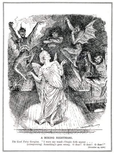LLoyd George, „Dobrá víla“ koaliční vlády doufá, že promění Británii v utopii, ale místo toho vyvolává noční můru a ďábla nezaměstnanosti, obchodního propadu, vysokých cen a nepokojů, od Leonard Raven Hill