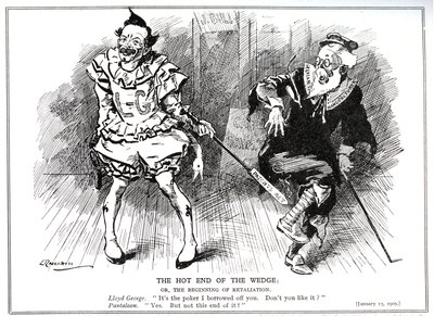 Lloyd George jako předseda obchodní rady chrání britský průmysl před německou konkurencí zákonem o patentech a vzorech z roku 1907, 1909. od Leonard Raven Hill