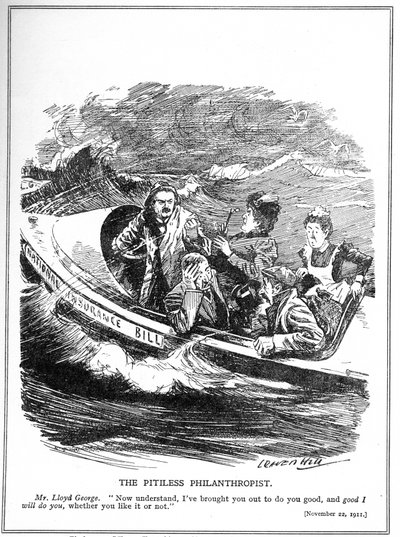 Lloyd George, zobrazený jako námořník na záchranném člunu, čelí opozici vůči jeho zákonu o národním pojištění z roku 1911 od Leonard Raven Hill