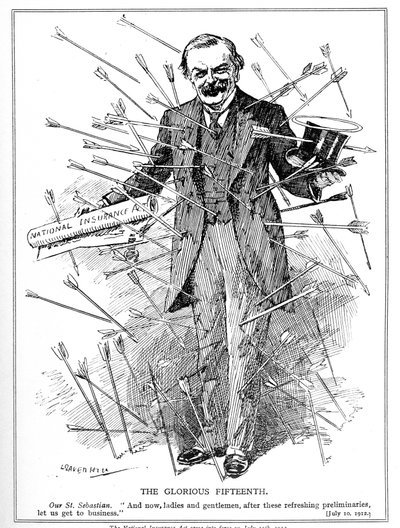 Lloyd George, zobrazený jako mučedník svatý Sebastian, napadený za svůj zákon o národním pojištění, který vstoupil v platnost 15. července 1912 Zákon o pojištění, 1911 od Leonard Raven Hill