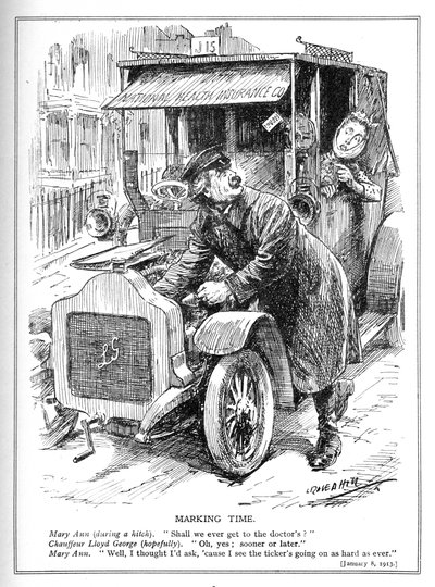 Lloyd George má zpoždění při odvozu pacienta k lékaři podle jeho zákona o národním zdravotním pojištění z roku 1913 od Leonard Raven Hill