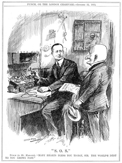 Pan Punch děkuje Marconimu za bezdrátovou telegrafii, která zachraňovala životy na moři, 1913 od Leonard Raven Hill