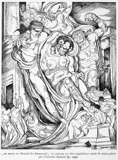 Ve hmotě byly homunkuly zničeny, tyto záhadné bytosti byly popraveny lidským průmyslem - in "Voyage au pays de la fourth dimension" by G. de Pawlowski, ill. by Léonard Sarluis (1874-1949), ed. Eugène Fasquel, Paříž od Leonard Sarluis