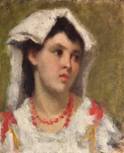 La ciociara Portrét selské ženy z oblasti Ciociaria u Říma (mladá dáma z Ciociaria u Říma) Malba Leonarda Bazzara (1853-1937) Soukromá sbírka od Leonardo Bazzaro