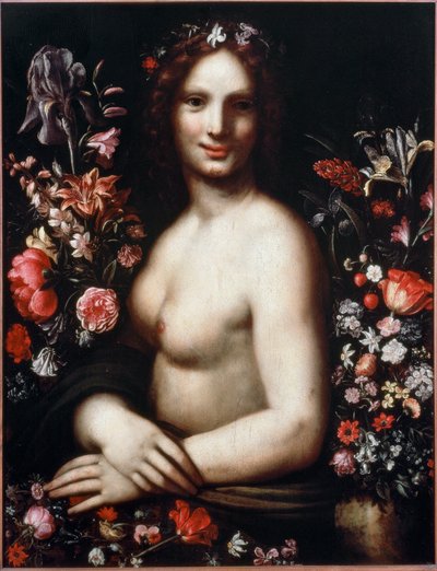 Busta mladé ženy Flora (Flora) mezi květinami Předlohou by byla Mona Lisa (Mona nebo Monna Lisa) Malba podle kresby Leonarda da Vinci (Leonard de Vinci) (1452-1519) Bergamo 17. století, akademie Carrara od Leonardo da (after) Vinci