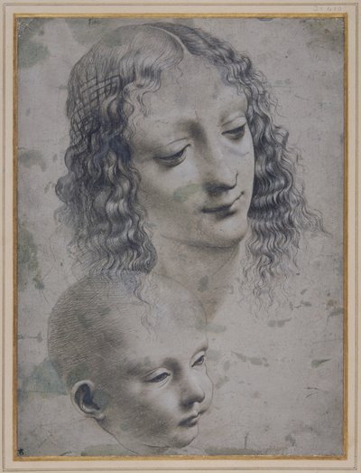 Hlava ženy a hlava dítěte (kovový hrot na šedém připraveném papíru) od Leonardo da (follower of) Vinci