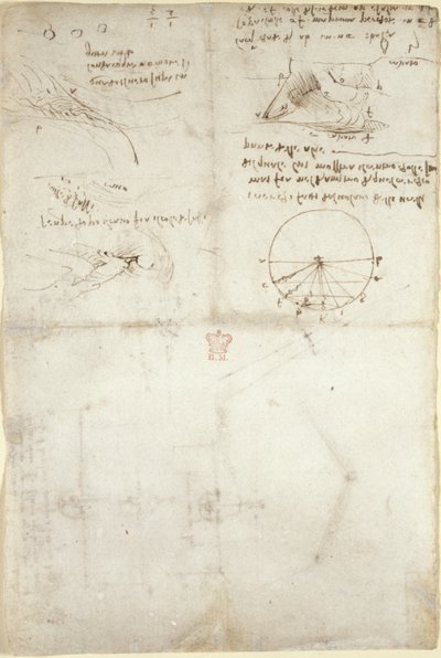 Arundel 263, f.126v Tři poznámky a skici na vodě; diagram letu ptáků, cca 1500-5 (pero a inkoust na papíře) od Leonardo da Vinci