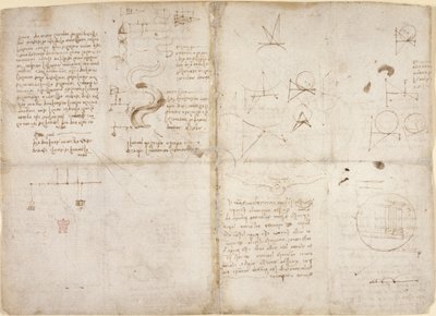 Arundel 263, f.135v, f.134, Poznámky a schémata k mechanice; poznámky a schematické náčrtky toků řek a vodního toku, z 
