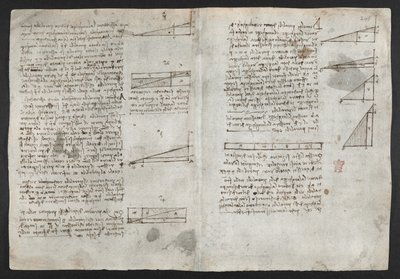 Arundel 263, f.246v Kresby mechanických sil a sil, perkuse, gravitace, pohybu, optiky a astronomie, s různými aritmetickými a geometrickými návrhy, ilustrace z Leonardovy „Knihy pozorování“ (tuš na papíře) od Leonardo da Vinci
