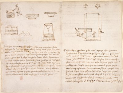 Arundel 263, f.259v, f.260 Poznámky a hrubé náčrtky procesu výroby ledku pro přípravu střelného prachu (není v Leonardově ruce) (pero a inkoust na papíře) od Leonardo da Vinci