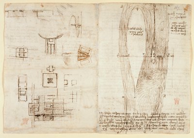 Arundel 263, f.264v Nákresy mechanických sil a sil, perkuse, gravitace, pohybu, optiky a astronomie, s různými aritmetickými a geometrickými návrhy. od Leonardo da Vinci