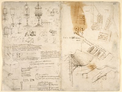 Arundel 263, f.283v, f.282 Náčrtky sklopných lamp; poznámky k mechanice; matematické výpočty; geometrické náčrty (pero a inkoust na papíře) od Leonardo da Vinci
