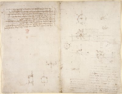 Arundel 263, f.35v, f.34 Nákresy mechanických sil a sil, perkuse, gravitace, pohybu, optiky a astronomie, s různými aritmetickými a geometrickými návrhy. od Leonardo da Vinci
