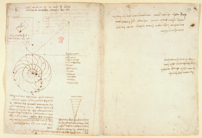 Arundel 263 f.44v, f.59 Náčrt oka a nosu tváře z profilu; poznámky o vodě, z 