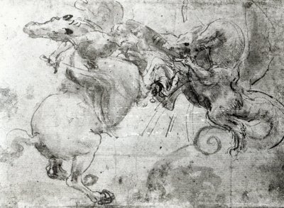 Bitva mezi jezdcem a drakem, cca 1482 (podkresba stylusem, pero a štětec na papíře) od Leonardo da Vinci