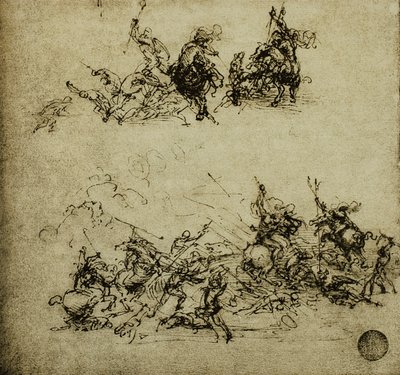 Bitevní scéna; kresba Leonarda da Vinciho. Gallerie dell