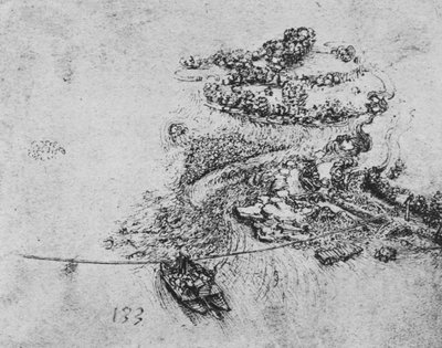 Pohled z ptačí perspektivy na řeku s lanovým trajektem, c1480 1945 od Leonardo da Vinci