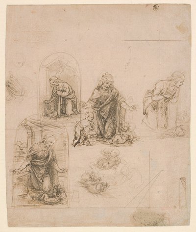 Kompoziční skici pro Pannu adorující Ježíška, 1480-85 (stříbrná jehla) od Leonardo da Vinci