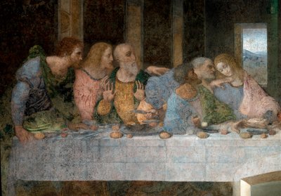 Detail La Cene (Il Cenacolo (Ultima Cena)) představující zleva doprava apoštola svatého Bartoloměje, Jakuba, syna Alphee, Andreho, Jidáše, Petra a Jana. 1495 - 1498. Freska od Leonarda da Vinciho (Leonardo da Vinci). Refektář Santa Maria delle gra od Leonardo da Vinci