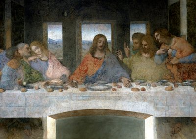 Detail Cene (Il Cenacolo (Ultima Cena)) představující vlevo Apole Jidáše, Petra a Jana, Krista uprostřed a Apole Tomáše, Jakuba Majora a Filipa. Písmeno V mezi Janem a Kristem by odkazovalo na pohár grálu nebo th od Leonardo da Vinci