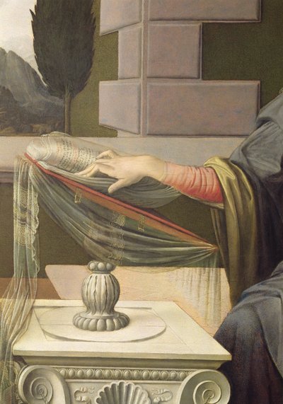 Detail Panny Marie ze Zvěstování, 1472-75 olej na desce po restaurování od Leonardo da Vinci