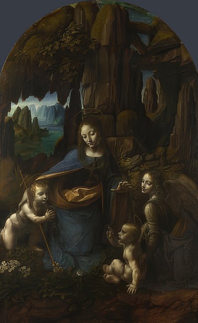 Madona ze skal (pro oltář San Francesco v Miláně). Kolem 1491 / 92-99 a 1506-08 od Leonardo da Vinci