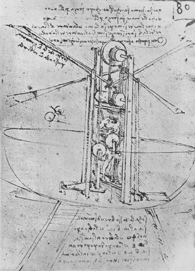 Kresba létajícího stroje s člověkem, který jej obsluhuje, c1480 1945 od Leonardo da Vinci