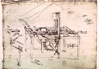 Výňatek z Da Vinciho rukopisu popisující princip a konstrukci "Hydraulické pily s automatickým posuvem" (rukopis) od Leonardo da Vinci