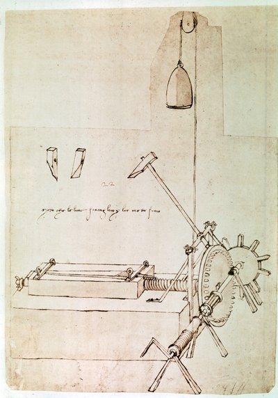 Výňatek z Da Vinciho rukopisu popisující princip a konstrukci "stroje na vykrajování pilníků" (rukopis) od Leonardo da Vinci
