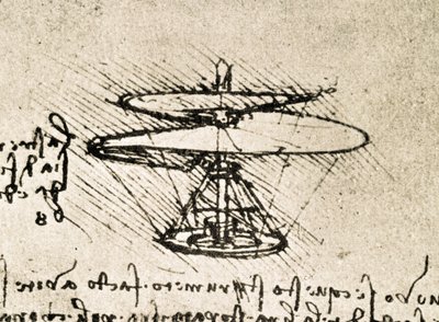 Výňatek z Da Vinciho rukopisu popisující princip a konstrukci "vzdušného šroubu (vrtulníku)" (rukopis) od Leonardo da Vinci