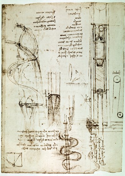 Výňatek z Da Vinciho rukopisu popisující princip a konstrukci "Pile Drive (Pile Mallet)" (rukopis) od Leonardo da Vinci