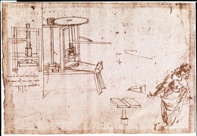 Výňatek z Da Vinciho rukopisu popisující princip a konstrukci "tiskařského stroje" pro tisk (rukopis) od Leonardo da Vinci