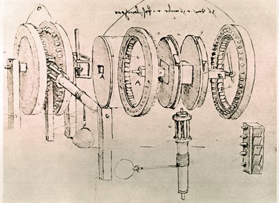 Výňatek z Da Vinciho rukopisu popisující princip a konstrukci "Transformace střídavého pohybu na pohyb spojitý" (rukopis) od Leonardo da Vinci