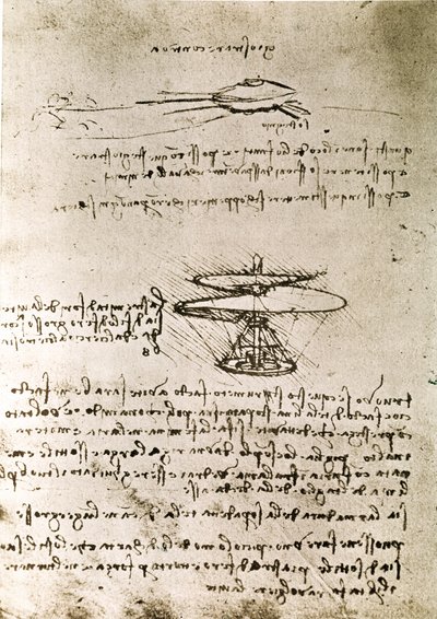 Výňatek z Da Vinciho rukopisu popisující princip a konstrukci "vzdušného šroubu (vrtulníku)" (rukopis) od Leonardo da Vinci