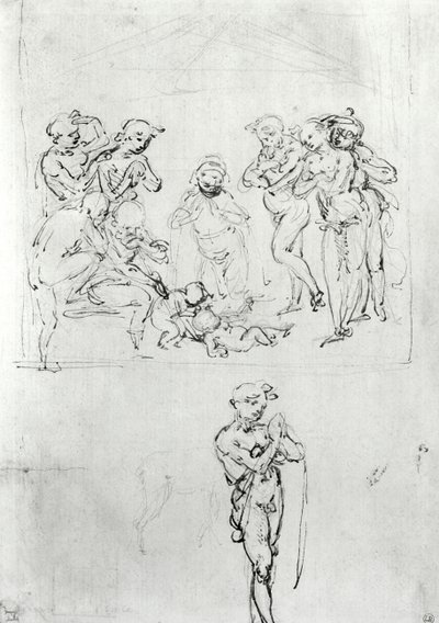 Figurální studie ke klanění tří králů, kolem 1481 (pero a inkoust a kovová jehla na papíře) od Leonardo da Vinci