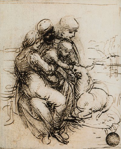 První nápad na Madonu s dítětem a svatou Annu; kresba Leonarda da Vinciho. Gallerie dell