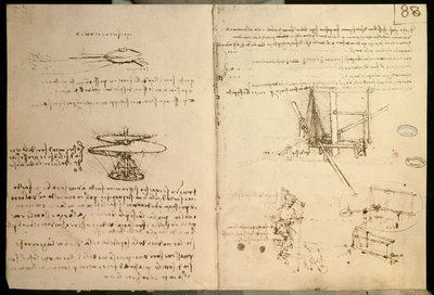 Létající stroje, jeden z prvních nákresů létajícího stroje podobného vrtulníku, c. 1487 od Leonardo da Vinci