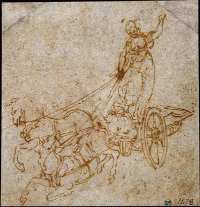 Bohyně stojící v kočáře taženém dvěma koňmi, z nichž jeden padá od Leonardo da Vinci