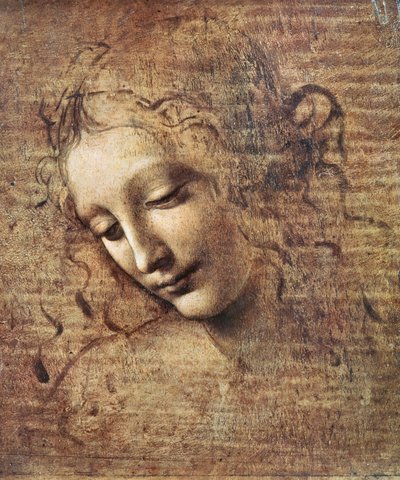 Hlava mladé ženy s rozcuchanými vlasy nebo Leda (kvaš na dřevě) od Leonardo da Vinci