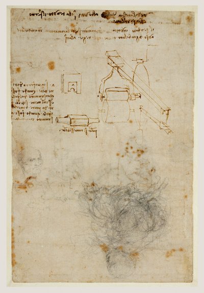 Head of an Old Man and Studies of Machinery, c.1503-06 (černá křída, pero a hnědý inkoust) od Leonardo da Vinci