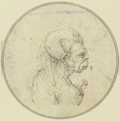 Karikatura staré ženy, poprsí s růží v náručí, v profilu doprava od Leonardo da Vinci
