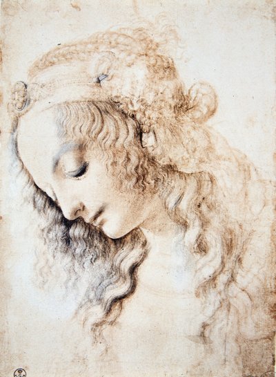 Leonardo da Vinci (Leonardo da Vinci) (1452 - 1519): Portrét dívky se zavřenýma očima a hlavou dolů s vlasy zdobenými páskem obohaceným o šperky (Immagina) od Leonardo da Vinci
