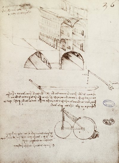 Rukopis B, f 36 r Architektonické studie, vývoj a části budov ve městě s vyvýšenými ulicemi (pero & inkoust na papíře) od Leonardo da Vinci
